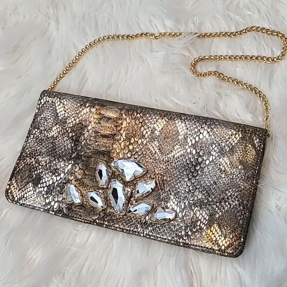 Inge Christopher leather snakeskin clutch Gold Silver Beaded Art Deco‎ New Year